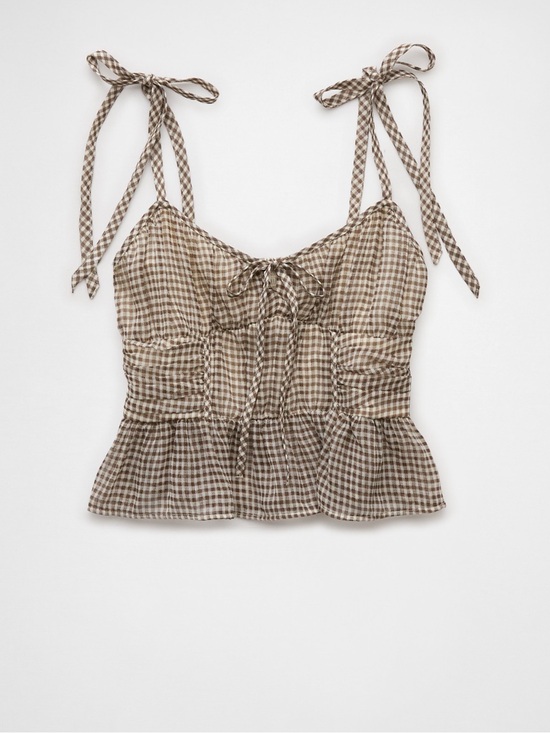 American Eagle Outfitters Tops - American Eagle Corset Gingham Tie-Shoulder Peplum Cami Top - Brown